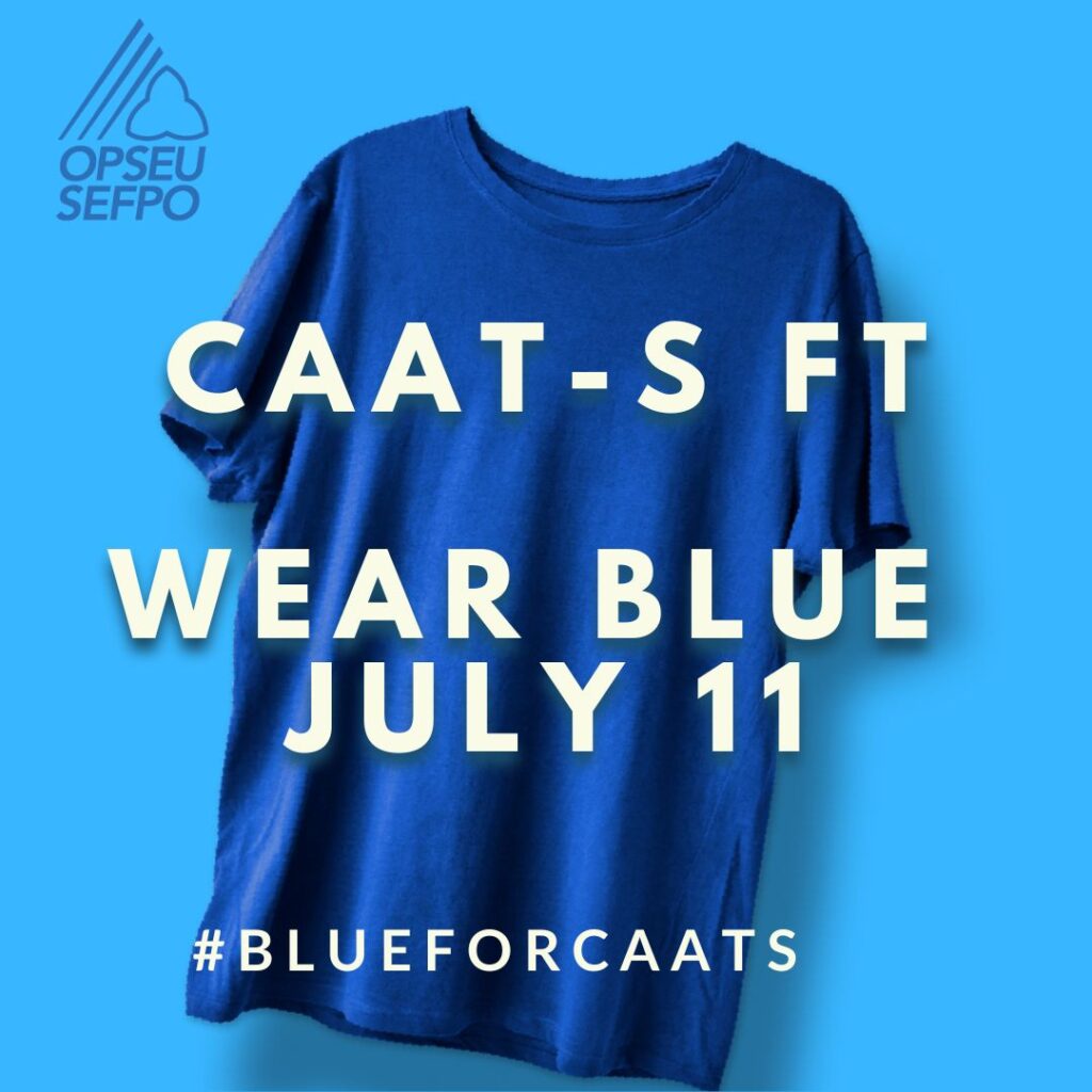 Blue t-shirt with text overlay: CAAT-S FT Wear blue July 11. #BlueForCaats